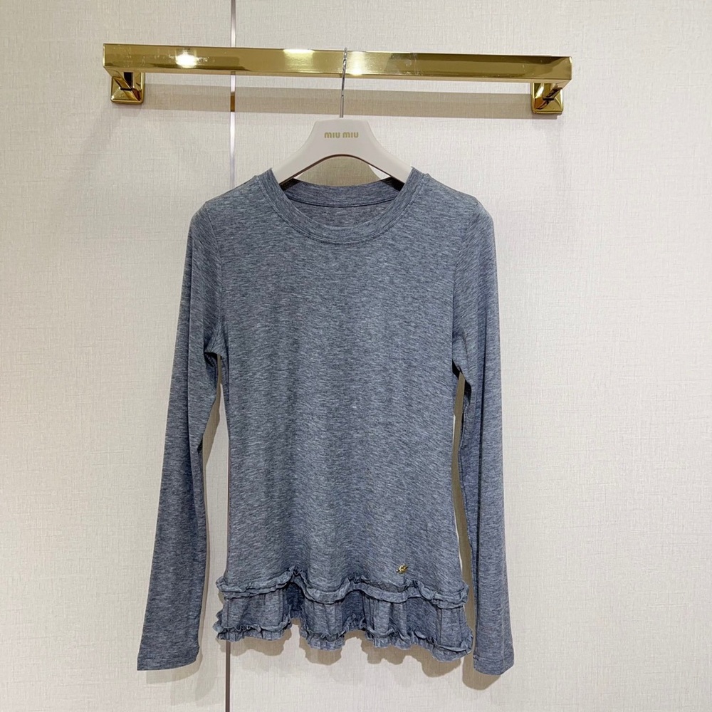 Miu Miu Gray Long-Sleeve Ruffle Hem Top